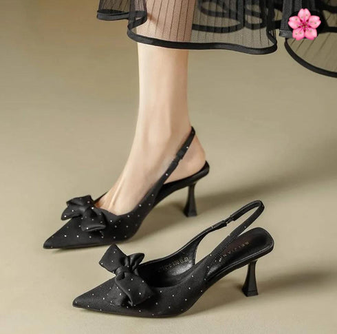 Bow Decor Pointy Toe Sling Back kitten Heels